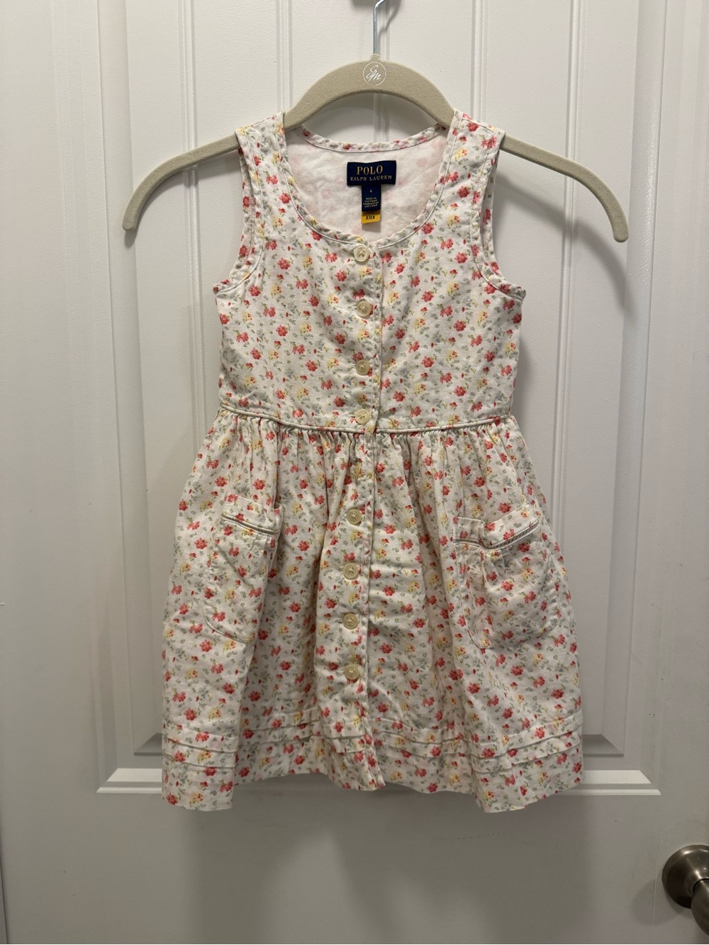 Polo Ralph Lauren Seersucker Girl Dress Linen Blend Button Front Sleeveless Sz 4